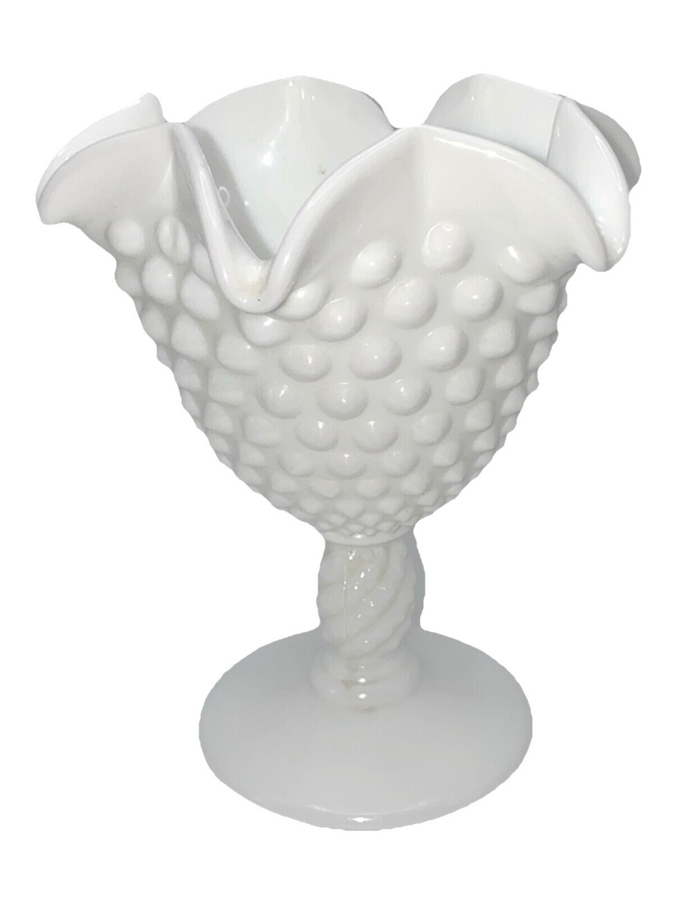 Vintage Fenton White Hobnail Milk Glass Compote with Ruffled Edge and TwistedPed